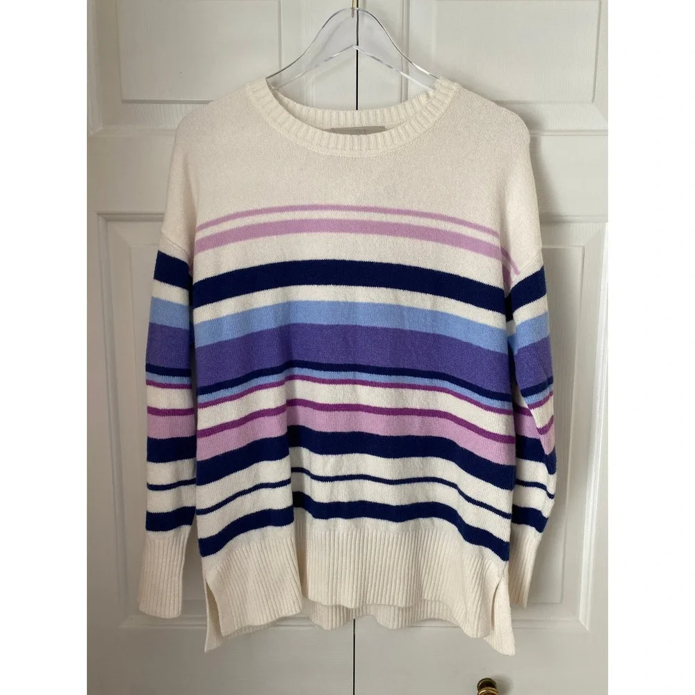 LOFT Womens Striped Crew Neck Sweater White Purple Blue Knit Pullover Size M NEW